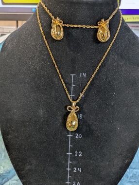 Vintage Joan Rivers Gold Faberge Egg With Bow Pendant Necklace and Earrings Set